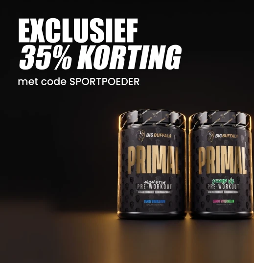 Big Buffalo · exclusief 35% korting op de Primal pre-workouts met code SPORTPOEDER · High-Stim Pre of Pump V2 voor €29,25