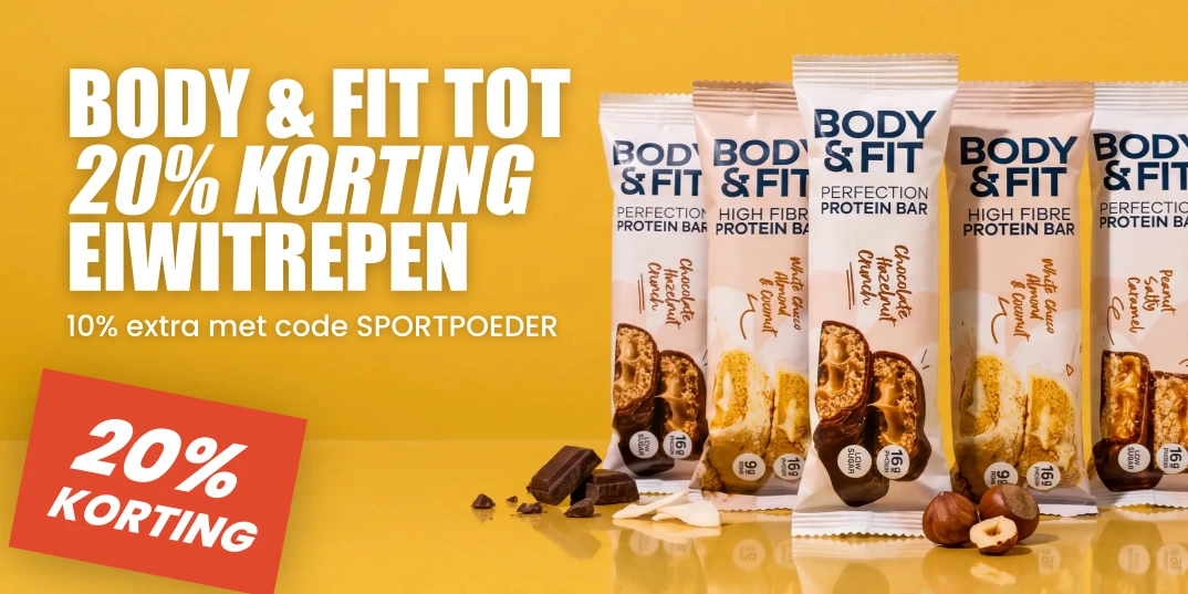 Body & Fit eiwitrepen-sale · 15% op de vernieuwde repen, 20% op de mixdoos + 10% extra met code SPORTPOEDER