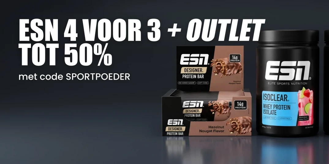 ESN 4 voor 3 + Outlet tot 50% · het goedkoopste van 4 items gratis, onder de 4 items 10% met code SPORTPOEDER · outlet met tot 50% korting op favorieten