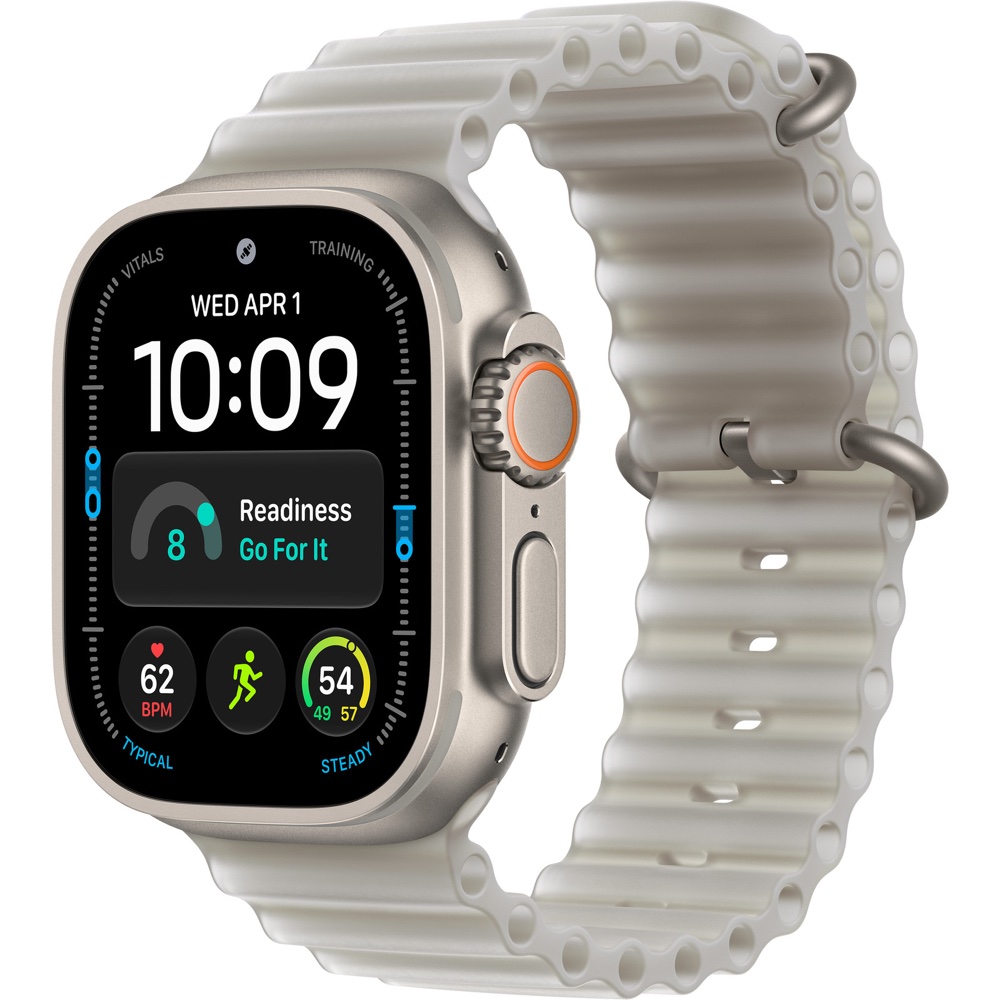 Apple Watch Ultra 4 in naturel titanium met Ocean-bandje
